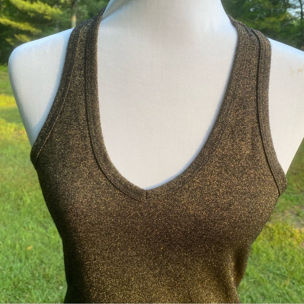 MODA INTERNATIONAL TOP TANK BLACK GOLD METALLIC STRETCH V-NECK RACERBACK SIZE S - Picture 2 of 8